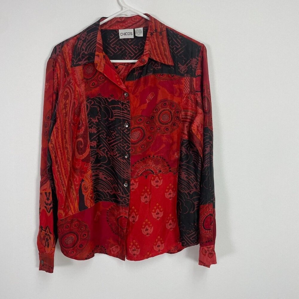 Chico's Womens Size 1 Button Front Embroidered Silk Blouse Red Geometric Block